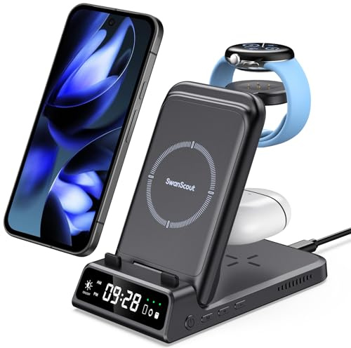 Trådlös Laddare för Google Pixel 11/Pro/Pro XL/10/9/8 & Pixel Watch 3/2 | 4 i 1 Laddstation för Google Pixel 9/9a/8a/8 Pro/8a/8/7A/Fold/7/6/5/4, Wireless Charger for Pixel Buds Pro 2, SwanScout 703G2