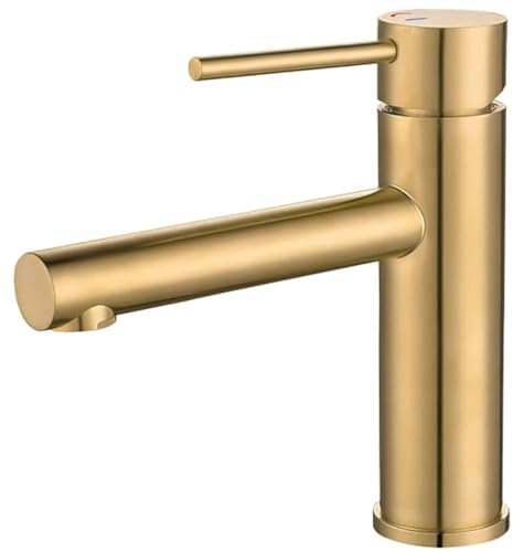 VALAZ Wasserhahn Bad Gold Gebürstet | Einhebelmischer Waschbecken, Kaltwasseröffnung, Warm und Kaltwassermischer, Wassersparer | Schnelle Installation | Brass, Stainless, Elegant, Rund, Nansa-Serie | Einhebelmischer für Waschbecken, Kalt- und Warmwasser, wassersparend, einfache Installation, Messing, rostfrei
