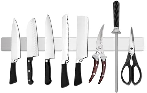 16 Inch Black Magnetic Knife Holder for Wall, No Drilling Adhesive Knife Strip with Powerful Magnet and Expanded Screws, Wall Mount Knife Rack for Knives, Includes Adhesive Tape (Silver White)