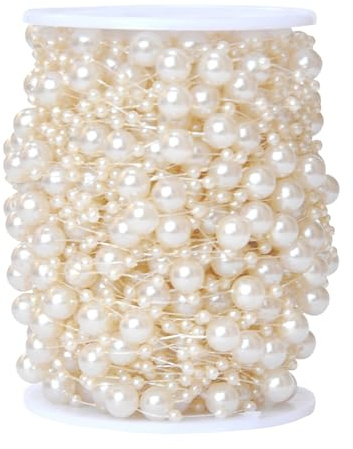 JVHLOV 30Metre Fishing Line Artificial Pearl Beads String Chain Garland, Garland Bead Ribbon, for Wedding DIY Craft Party Table Decoration (White/Beige) (Beige)