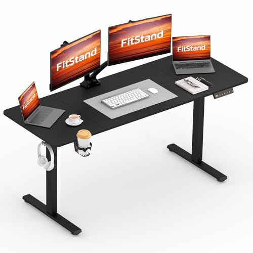 FitStand 160x75cm höhenverstellbarer Schreibtisch Electric Lift Desk mit Tischplatte, Stehpult, Lift Computertisch mit Haken, Memory-Funktion für Büro und Zuhause - Schwarz
