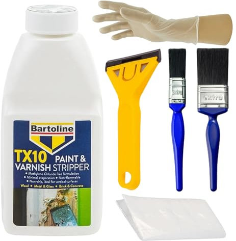 Complete Paint Remover Bundle: TX10 Paint & Varnish Stripper, Blackspur Scraper, 1 & 2 Inch Paintbrushes, Rubber Gloves, Blackspur Dust Sheet - Ideal Paint Stripper for Wood, Metal, and Bricks