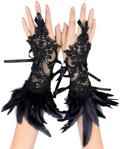 YOUYIKE 2 Pièces Gants Dentelle Plumes, Dentelle de Plumes Vintage, Gant Plume, Costumes de Carnaval, Gant Dentelle Halloween, Vêtements Gothiques, Cosplay, Fête de Mariage（Noir）