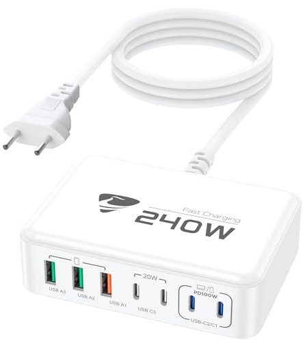 240W Caricatore USB C Multiplo, GaN III 7-Port 100W Caricabatterie Macbook PPS PD Alimentatore USB C Stazione di Ricarica QC PresaUSB Rapido per MacBook Air/Pro Laptop iPhone iPad Samsung Spina USBC