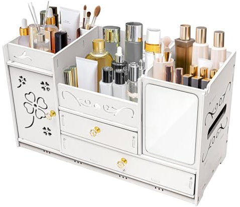 Tyvotrend Make Up Kosmetik Organizer, Aufbewahrungsbox mit Tissuebox & Schubladen, Schminktisch Organizer, Schlafzimmer und Badezimmer, Kosmetik Box für Lippenstift & Beauty Zubehör, Weiß