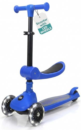 SereneLife 3 Wheel Foldable Kids Scooter - Foldable Seat, LED Wheel Lights, Adjustable Handlebar, Rear Foot Brake, Lean-to-Steer, Anti-Slip Deck, Ideal for Toddlers Kids 3+, up to 110Lbs (Blue)