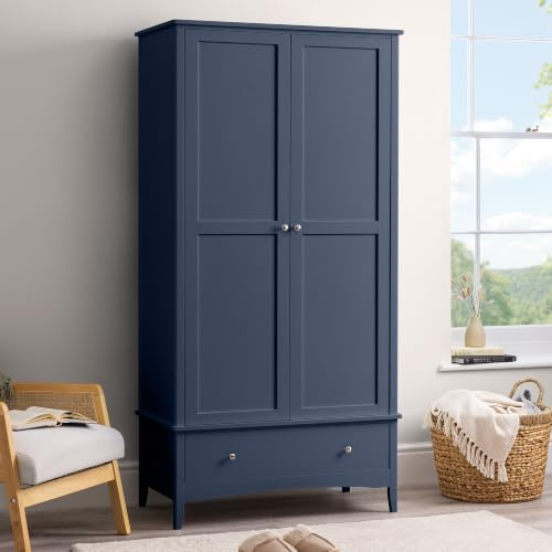 CHRISTOW Double Wardrobe, Clothes Rail & Drawer, Blue | 2 Door Bedroom Storage, Clothes Rail & Shelf, Bottom Storage Drawer, Durable MDF, Soft-Close Hinges, H185cm x W94.5cm x D50cm