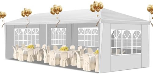 Pavillon Faltbare Gartenlaube Wasserdichtes Partyzelt 3x9m mit 5 Seitenteile UV-Wänden Weißer Pavillon Dicke PE-Plane für Hochzeitsfeiern Gewerbliche Aktivitäten