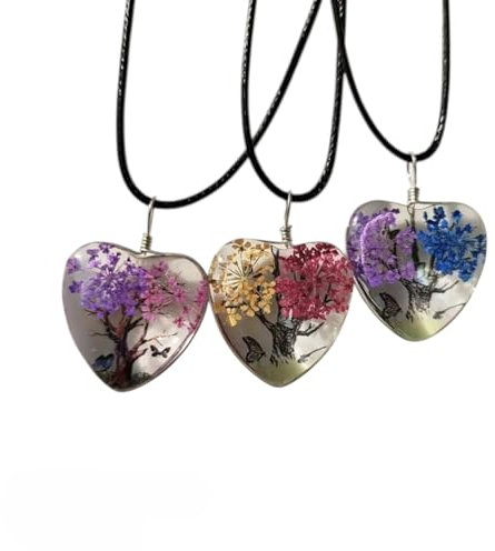 IDELUSH Collar con colgante de 3 piezas en forma de corazón de resina transparente con flores secas, diseño de árbol de la vida, planta y gypsophila, joyería con cordón de cuero sintético unisex