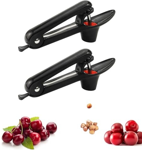 VCISPOK - Snocciolatore per ciliegie in acciaio inox, con design a pressione manuale, risparmia tempo e spazio per deliziose ciliegie e ciliegie MMake (2 pezzi, nero)