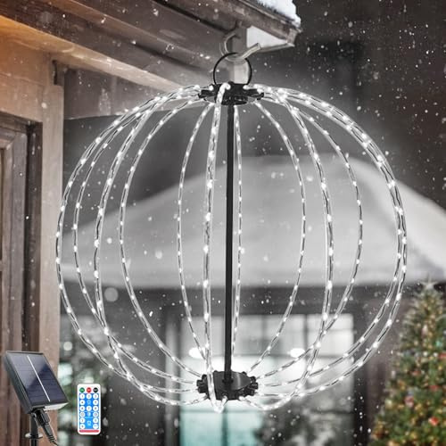 WoskjXas 30cm Sfera Luci Natale 8 Modalità Sfere Luminose Pieghevoli 96 LEDs Lanterna Circolari Solare IP65 Impermeabili per Patio Terrazza Balcone [Bianco]