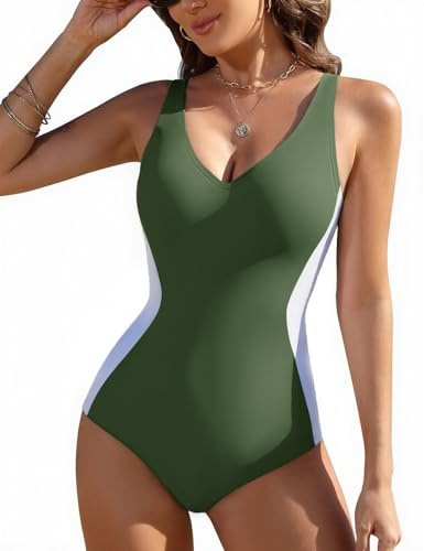 Vijamiy Costume Intero Donna Costumi da Bagno Piscina Curvy Mare Push Up Swimsuit Interi Scollo a V Un Pezzo Sexy Monokini Swimwear (Verde Militare,L)
