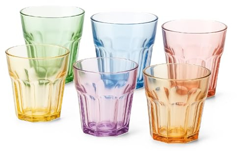 TIENDA EURASIA – Vasos de Cristal | Pack 6 Uds | Vidrio | Colores: Amarillo, Azul, Naranja, Morado, Rosa y Verde | 8.5x8.5x12 cm y 8.5x8.5x9.5 cm | Apto para Lavavajillas | No apto para Horno (300 ml)