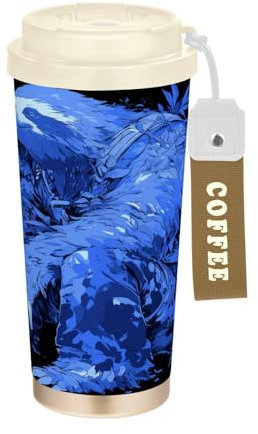 Vasos de café gigantes de perezoso azul y negro para llevar con tapa, taza aislada de acero inoxidable para coche, para bebidas frías y calientes, 481.9 g, a prueba de derrames