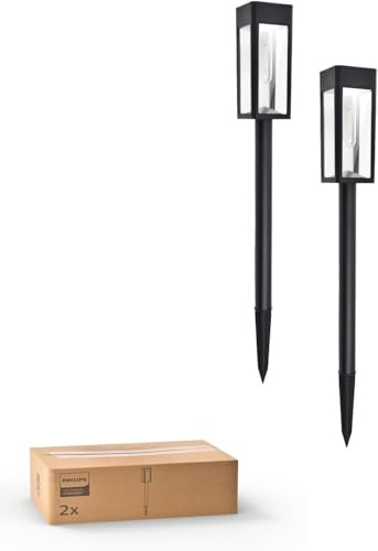 Philips Lot de 2 Lampes Solaires pour Allées - Éclairage Paysager Jardin à LED, Verre et Métal, 3000K Blanc Chaud, Étanche, pour Décoration de Cour, Allée, Terrasse, Driveway, Pelouse