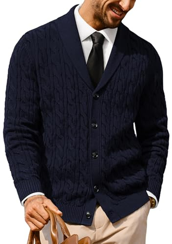 PJ PAUL JONES Chaqueta de punto para hombre con cuello de chal de punto grueso con botones, azul marino, XXL
