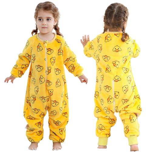HAHASHOW Schlafsack mit Füßen 2.5 Tog für Baby 18-24 Monate, Enten-Druck | Warm und Weich Flanell, Zweiwege Reißverschluss, Maschinenwaschbar, mit Ärmeln und Geteilten Füßen, für Herbst und Winter