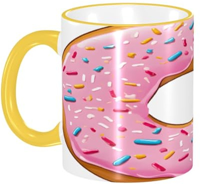 DZBDWZXH Tazza da caffè in ceramica con manico giallo, 325 ml, stampa ciambella, tazza da caffè per ristorante, caffè, cappuccino, tè, cacao, cereali