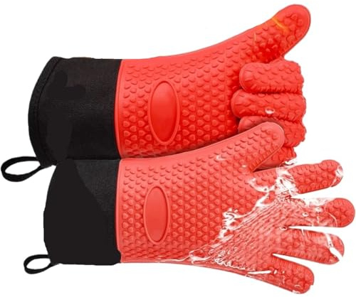 Guanti da forno lunghi e spessi in silicone Guanti da forno antiscivolo resistenti al calore Cucina BBQ Cottura Guanti da forno con cuciture in tela Per Cucina(Red pair)