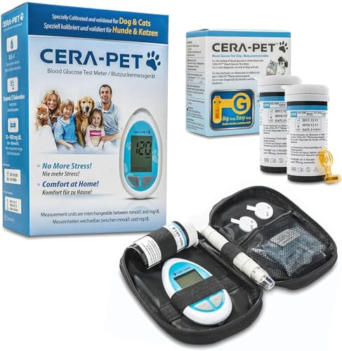 Cera-Pet Blutzuckermessgerät für Tiere I Geeignet für Hunde und Katzen I Vorteilspack: Zusätzlich 50 Blutzuckerteststreifen und 50 Lanzetten im Sparpaket