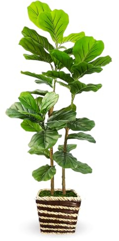 48Inch Artificial Fiddle Leaf Fig Tree Indoor with Woven Basket - 4ft Tall Fake Tree with Real-Wood Trunk,Faux Plants for Living Rooms, Offices, Kitchens & Outdoor(Square Basket)