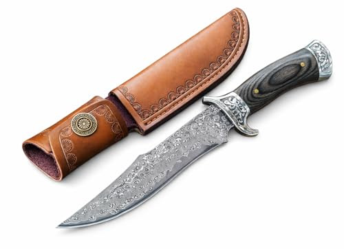 Vistrop Outdoor Survival Jagdmesser – Feststehende Damastklinge, Holzgriff, Lederscheide – Bushcraft & Camping Messer