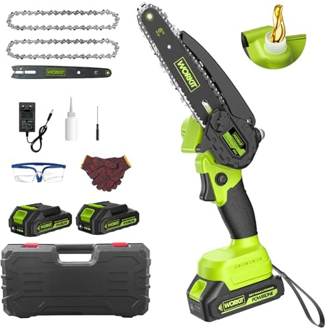 WORKIT Mini motosierra de 20 V con batería, batería sin escobillas, motosierra y batería de 15 cm, sierra de podar con batería y una sola mano, incluye 2 baterías de 2,0 Ah y engrasador automático