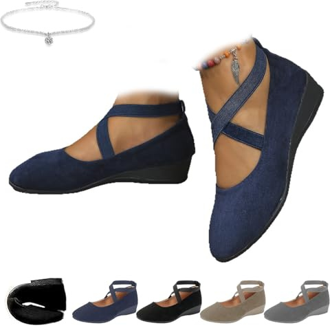 Zapatos cómodos de cuña con correa entrecruzada elástica para mujer, zapatos de vestir de cuña de ballet de punta redonda elegantes de gamuza con tacón bajo de cuña casuales para el trabajo