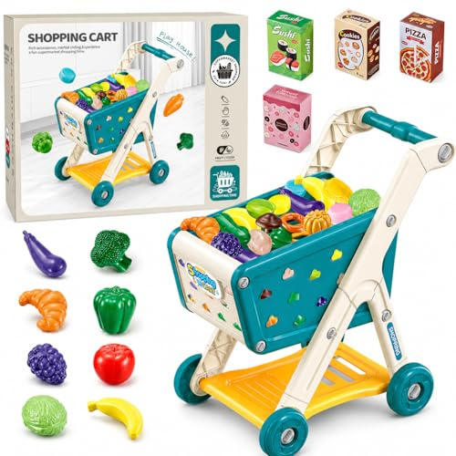 Toyana Kids Shopping Trolley Toy - 18 PCs Realistic Supermarket Play Set with Push Along Cart, Pretend Fruit & Vegetable Food Accessories, Educational Role Play Gift for Children 3+ Years