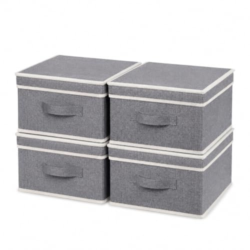BrilliantJo Boîtes de Rangement avec Couvercle, Panier de Rangement Pliable avec poignée pour Jouets, Livres, Placard, Chambre, Maison (4xGris, 33,5 X 31,75 X 17,5 cm)