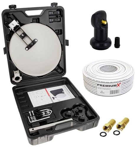 PremiumX Camping SAT Anlage Satelliten-Schüssel Tischhalter Masthalter Saugfuß Single LNB 10m Kabel F-Stecker im Koffer
