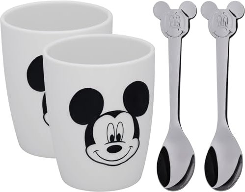 WMF Disney Mickey Mouse Tassen Set M, 2 Tassen mit Löffel, Porzellan, Cromargan Edelstahl poliert, spülmaschinengeeignet