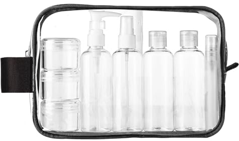 Reiseset 10-teiliges mit Reiseflaschen 100ml, Transparenter Kulturbeutel | Flüssigkeiten Set für Flugreise & Handgepäck mit Sprayflasche, Pumpflasche, Quetschflaschen, Cremetiegel & 20x20cm Beutel