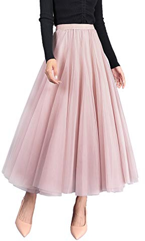 CAMILIFE Jupe Maxi Tulle Noble Taille Haute Rose uni