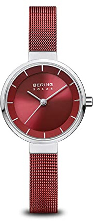 BERING 14627-303 Reloj solar para mujer con caja de acero inoxidable plateado de 27 mm y esfera roja, correa milanesa, cristal de zafiro y resistencia al agua de 5 ATM