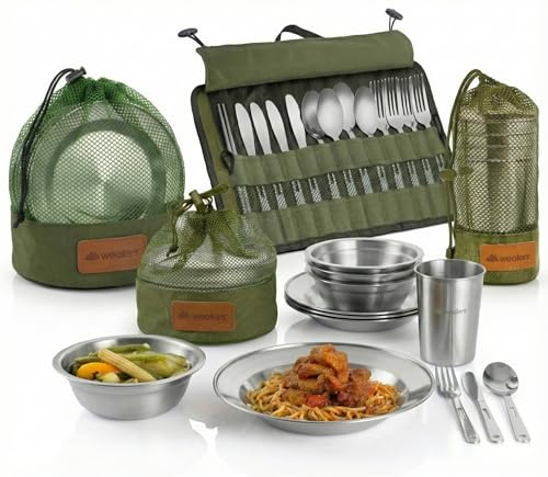 Wealers Unique Complete Messware Kit Polished Stainless Steel Dishes Set| Tableware| Dinnerware| Camping| Buffet| Includes - Cups | Plates| Bowls| Cutlery| Comes in Mesh Bags (4 Person Set) (Green)