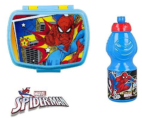 ILS I LOVE SHOPPING Set Pranzo Scuola 2 Pezzi Portamerenda e Borraccia in Plastica Bambini Bambino Merenda Launch Box - BPA Free (Spiderman)