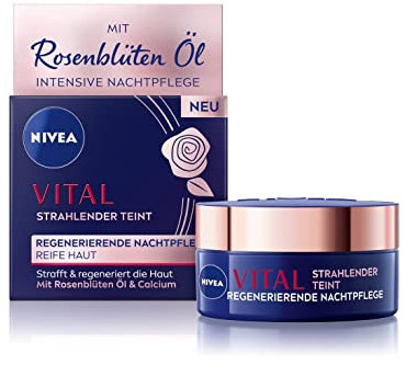 NIVEA Vital Strahlender Teint Regenerierende Nachtpflege (50 ml), Gesichtscreme für vitale, gesund aussehende Haut, Nachtcreme mit Rosenblüten Öl, Calcium und Kreatin