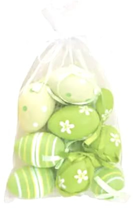 kennydoo Ostereier Set 12 Deko-Eier bunt Muster Ostern zum hängen Landhaus Stil im Organzabeutel (grün, lindgrün (1,16€/STK.))