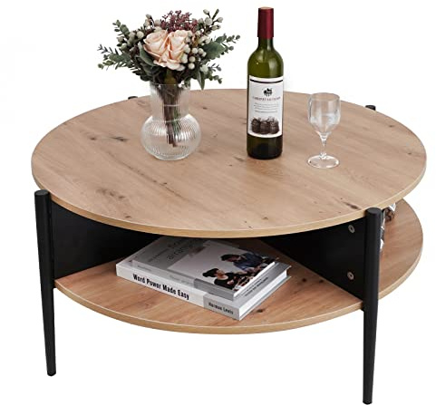 7RiversART Wood Round Coffee Table with 2-Tier Storage Partitioned Shelf Industrial Modern Design Sofa Table for Living Room