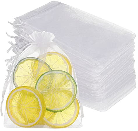 Xinzistar 100 Pcs Sacs Organza, 10 x 15cm Sachets Pochettes Cadeau en Organza Sac Bijoux avec Rubans Sachets de Lavande pour Cadeaux Bonbons Anniversaire Faveur de Marriage Blanc