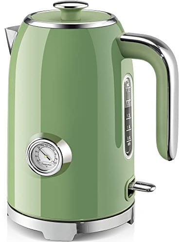 SUSTEAS Electric Kettle - 57oz Hot Tea Water Boiler with Thermometer, 1500W Fast Heating Stainless Steel Pot, Cordless LED Indicator, Auto Shut-Off & Boil Dry Protection, Retro Green