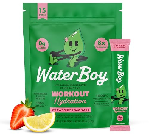 Waterboy Workout Hydration | 2,960mg Sugar Free Electrolyte Powder Packets | L-Glutamine + Vitamins | No Sugar, All Natural, Gluten Free | 15 Drink Stick Mixes (Strawberry Lemonade)