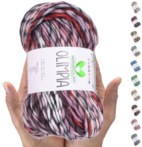 MeriWoolArt Merino Wolle zum Stricken – 100 m Mehrfarbige Dicke Weiche Merinowolle zum Stricken für Pullover Jacken – XXL Handstrickwolle – Voluminöse DIY Wolle für Schals Decken Tücher Geschenke