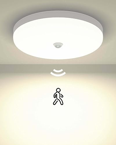 Luxvista LED Deckenlampe mit Bewegungsmelder Innen 30W 4000K IP56 Rund Deckenlampe 3000LM LED Deckenleuchte für Flur, Treppe, Veranda, Garage, Carport, Balkon, Abstellraum, Keller 1er Stück-Weiß
