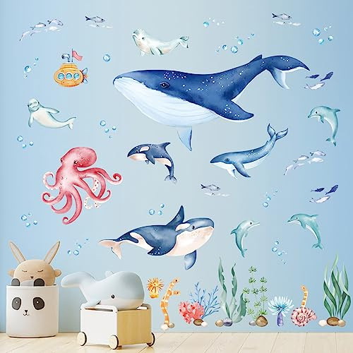 wondever Under The Sea Whale väggklistermärken hav fisk delfin skala och klistra fast väggkonst dekaler för baby barnkammare barn sovrum badrum