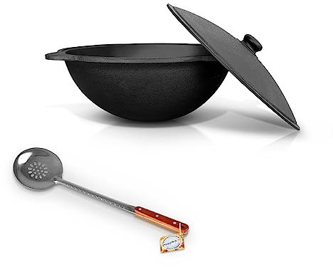 Kazan Gusseisen 16 L Uzbekisch mit Aluminiumdeckel Schaumlöffel für Plov, 48 cm Uzbekistan Kochtopf Holzlöffel WOK Plov плов казан Kasan Feuerofen Plov Schöpfkelle Учак