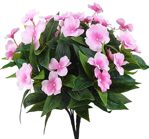 FAICOIA 2 Branches Artificial Impatiens Flowers Faux Impatiens Bushes Pink Silk Flowers Greenery Artificial Impatiens Bouquet for Outdoors Patio Lawn Garden Pot Hanging Basket Porch Decoration