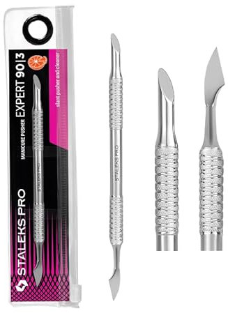 STALEKS PRO Empujador de cuticulas inclinado + limpiador. Manicura y Pedicura. Acero inoxidable. Expert 90/3
