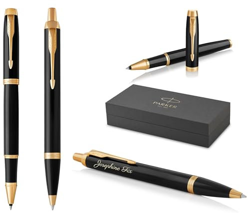 PARKER IM Core Rollerball und Kugelschreiber mit Gravur | Premium Stift | Geschenkbox | schwarze Mine | personalisiertes Geschenk | Namen | graviert | Geburtstag (Black Lacquer G.C.)